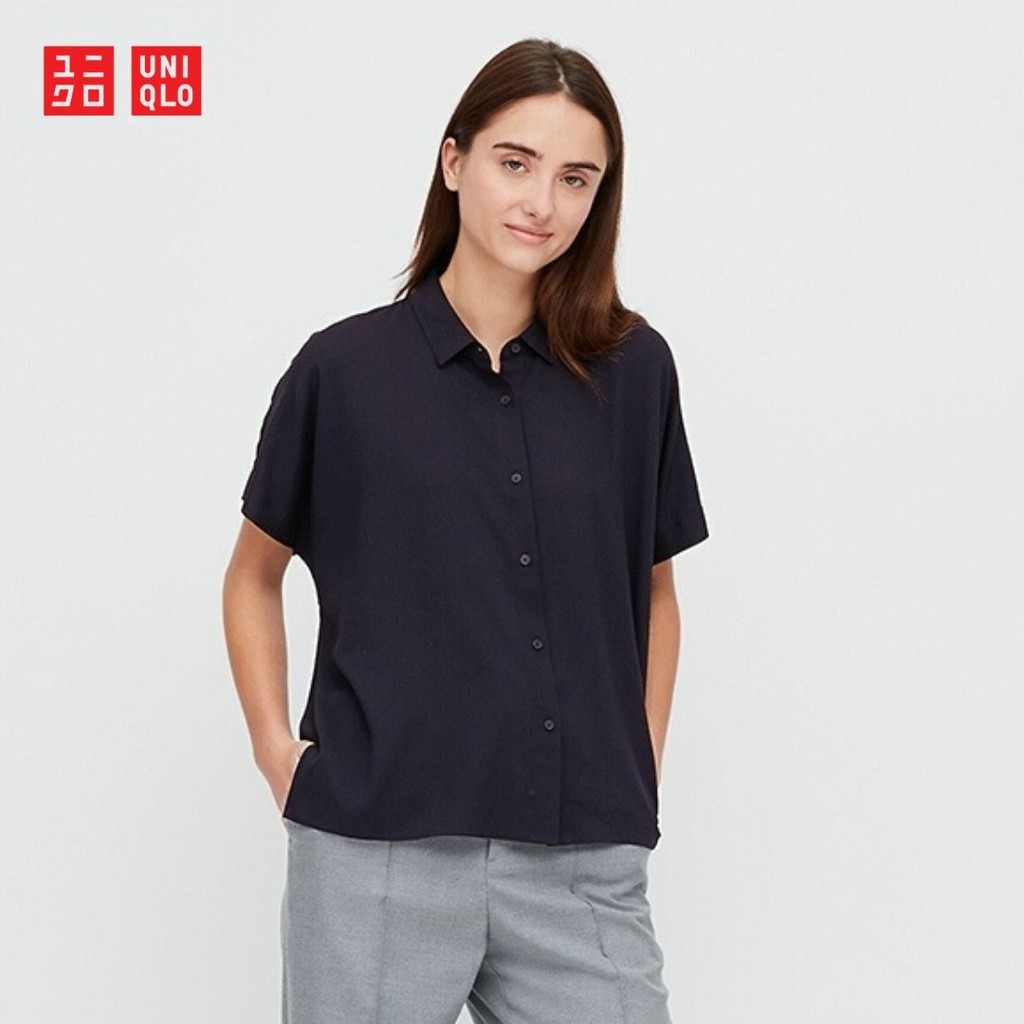 Uniqlo Áo Sơ Mi Tay Ngắn Cổ Bẻ Màu Hồng / Xanh Navy