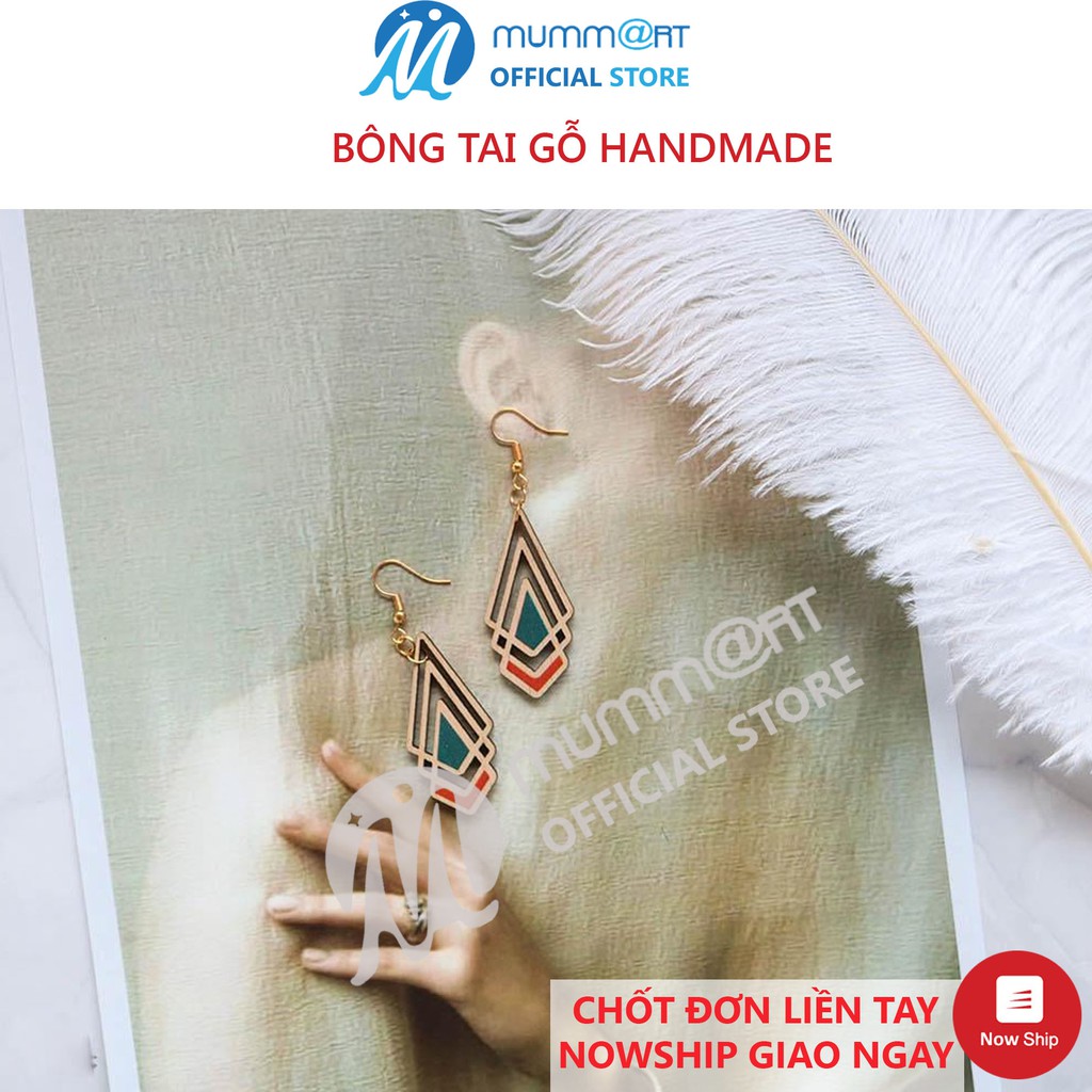 Bông tai handmade phong cách vintage, hình tròn, tam giác, chữ nhật bằng gỗ - Mummart