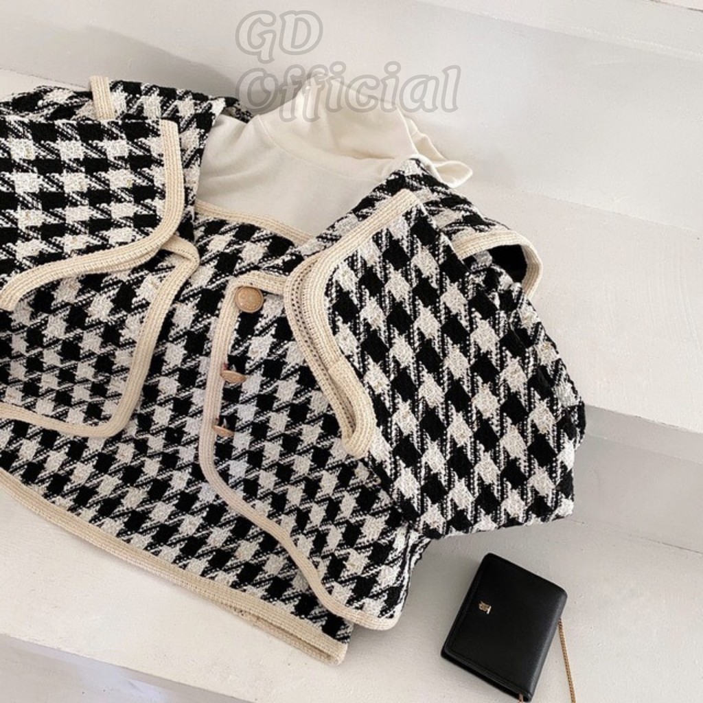 B21|Bộ set dạ tweed áo khoác crotop, chân váy ôm body sọc trắng đen gd_order
