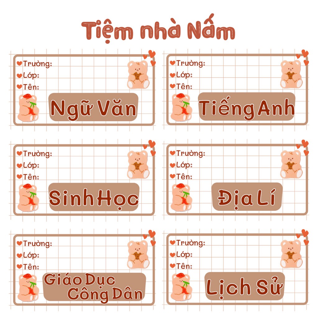 Combo Nhãn Vở Thiết Kế Theo Tên Môn Học, Gấu Nâu Lông Xù