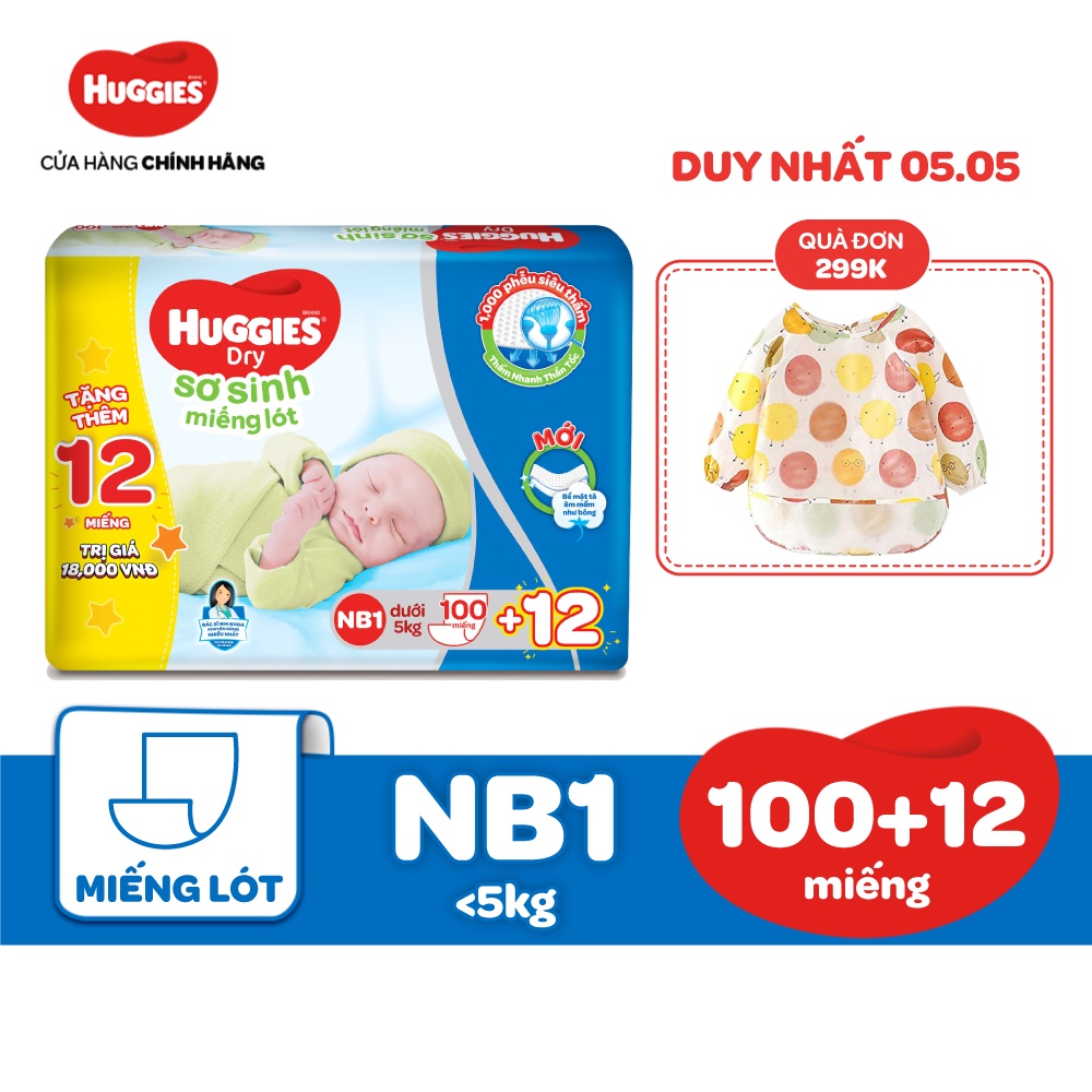 [Mã MKBHUGBU giảm 12% đơn từ 400K] Miếng lót Sơ Sinh Huggies NB1 100 miếng - NB 1 100 (gói 100 miếng) + Tặng 8NB