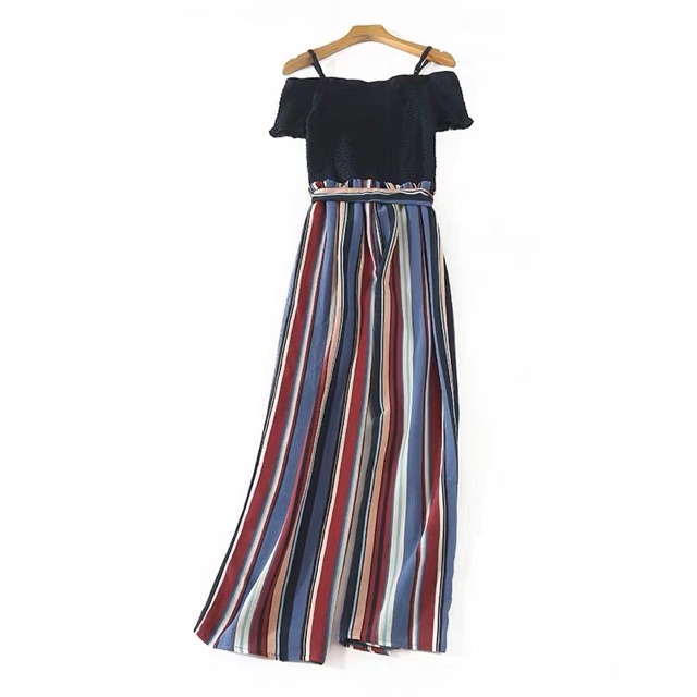 Jumpsuit trễ vai sọc xuất xịn