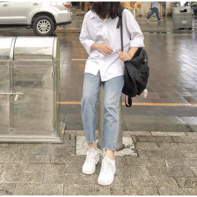 Áo sơ mi trắng trơn nam nữ basic oversize học sinh DÀI TAY UZZANG ་