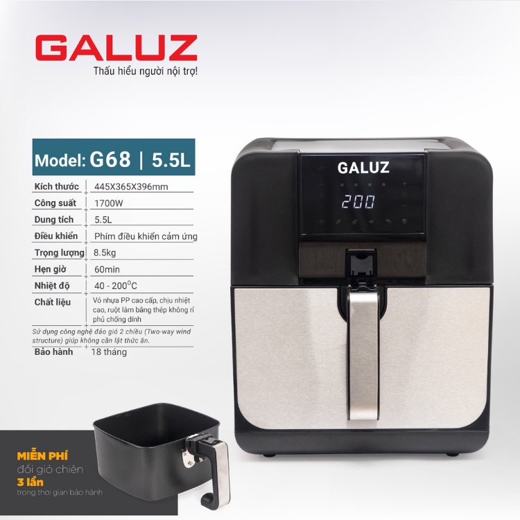 Nồi chiên không dầu Điện Tử Galuz Model G-68, 5.5L Tặng kèm 8 phụ kiện, bảo hành 18 tháng miễn phí đổi giỏ chiên 3 lần