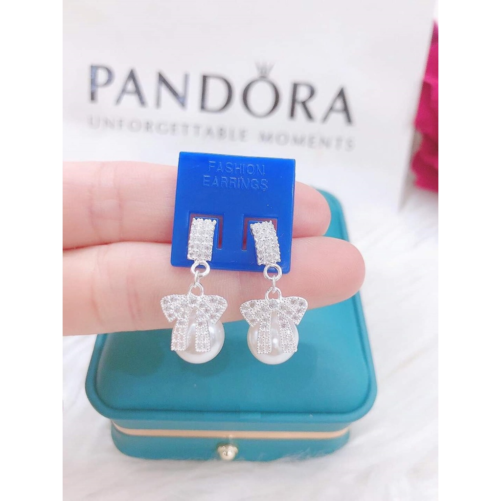 Bông tai hình nơ đính hạt trai, khuyên tai chất liệu bạc ta cao cấp - Trang sức bạc Evasilver