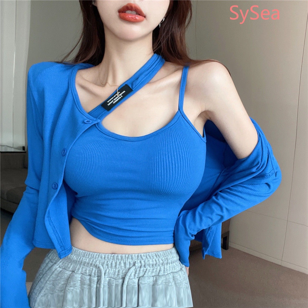 Bộ Áo Hai Dây + Áo Cardigan Màu Trơn Thời Trang Quyến Rũ Cho Nữ
