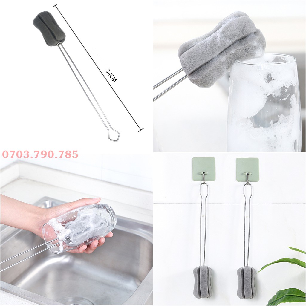 Dụng cụ rửa ly đầu bọt biển thay thế được - cán inox dài 35cm