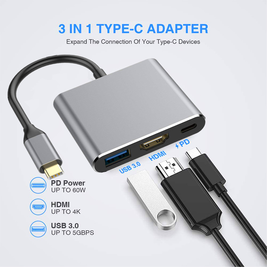 3 trong 1 USB 3.1 Type-C Sang HDMI Usb C Sang Usb / PD Nguồn cấp thẻ Đầu đọc Docking Station Converter