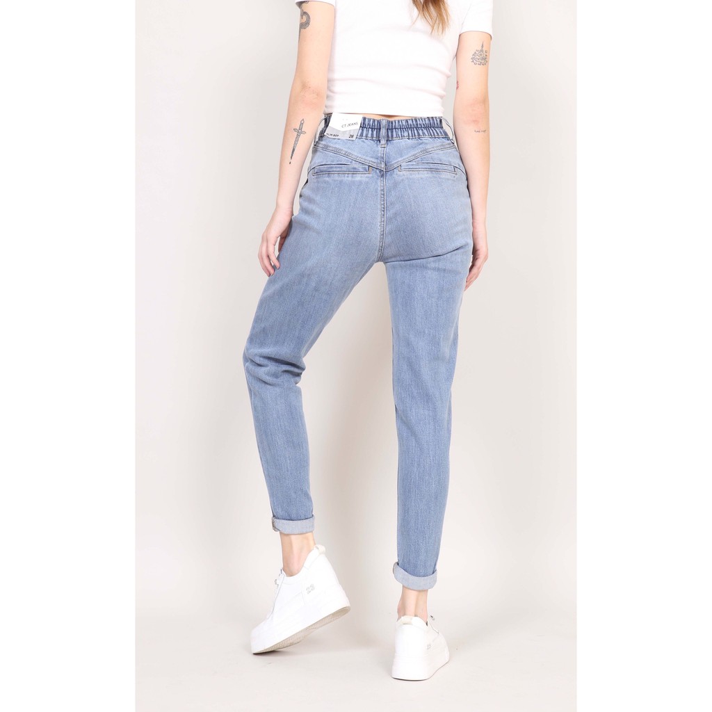 Quần jean nữ boyfriend baggy bán chun nâng mông trơn co giãn gấu thường CT JEANS