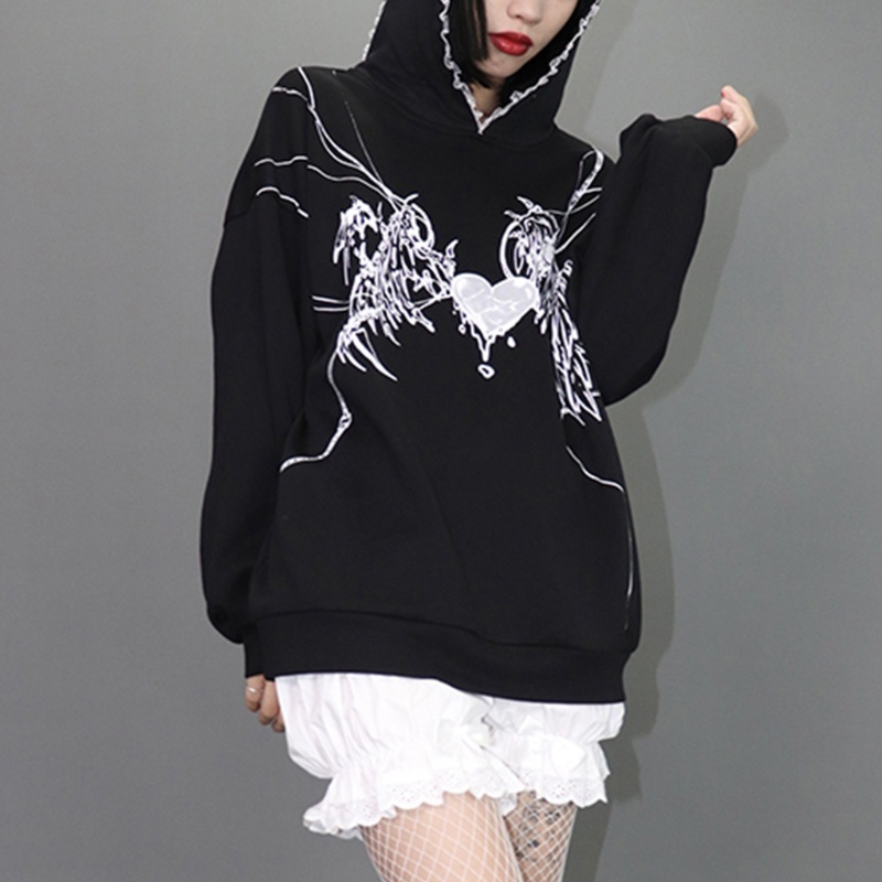 Áo hoodie tay dài ngoại cỡ kiểu tai thỏ in hình trái tim ác quỷ có cánh kiểu gothic punk 10MK cho nữ