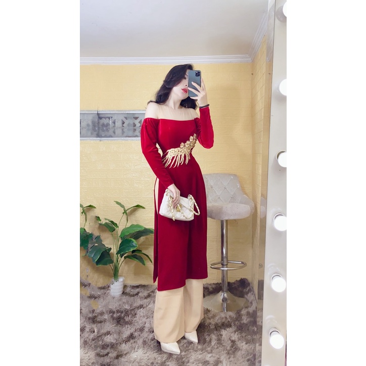 Aó Dài Nhung đỏ Nhung truyền thống cách tân trẻ trung, dự tiệc, dám cưới đẹp sang trọng quý phái.