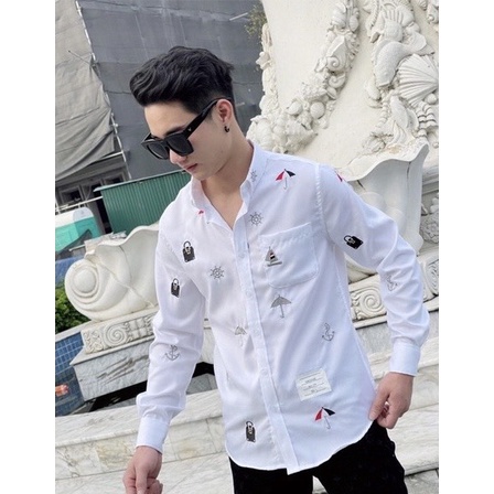 Sơ Mi Thom Browne LAM'S STORE thêu hình họa tiết xanh ,trắng ,chất vải gai cao cấp thoáng mat thấm hút mồ hôi