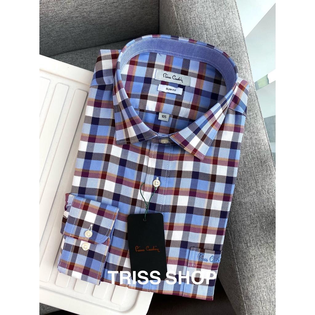 Áo sơ mi nam dài tay Pierre Cardin 11 xuất Hàn họa tiết caro cao cấp chất cotton thấm hút mồ hôi tốt mềm mại form slim