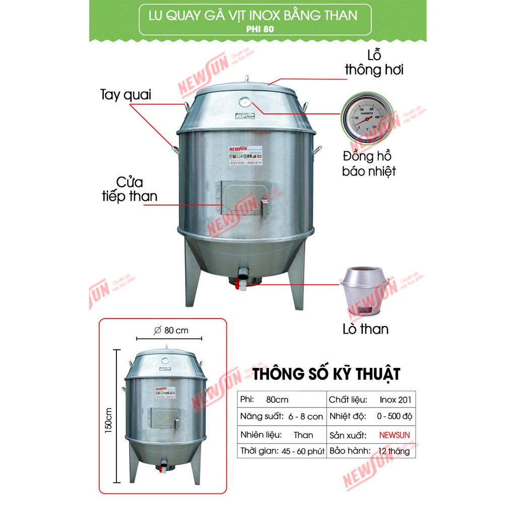 Lu quay vịt, Lò quay gà vịt inox NEWSUN bằng than phi 80 - Bảo hành 12 tháng - Tặng 15 móc, 15 xiên lu quay gà vịt