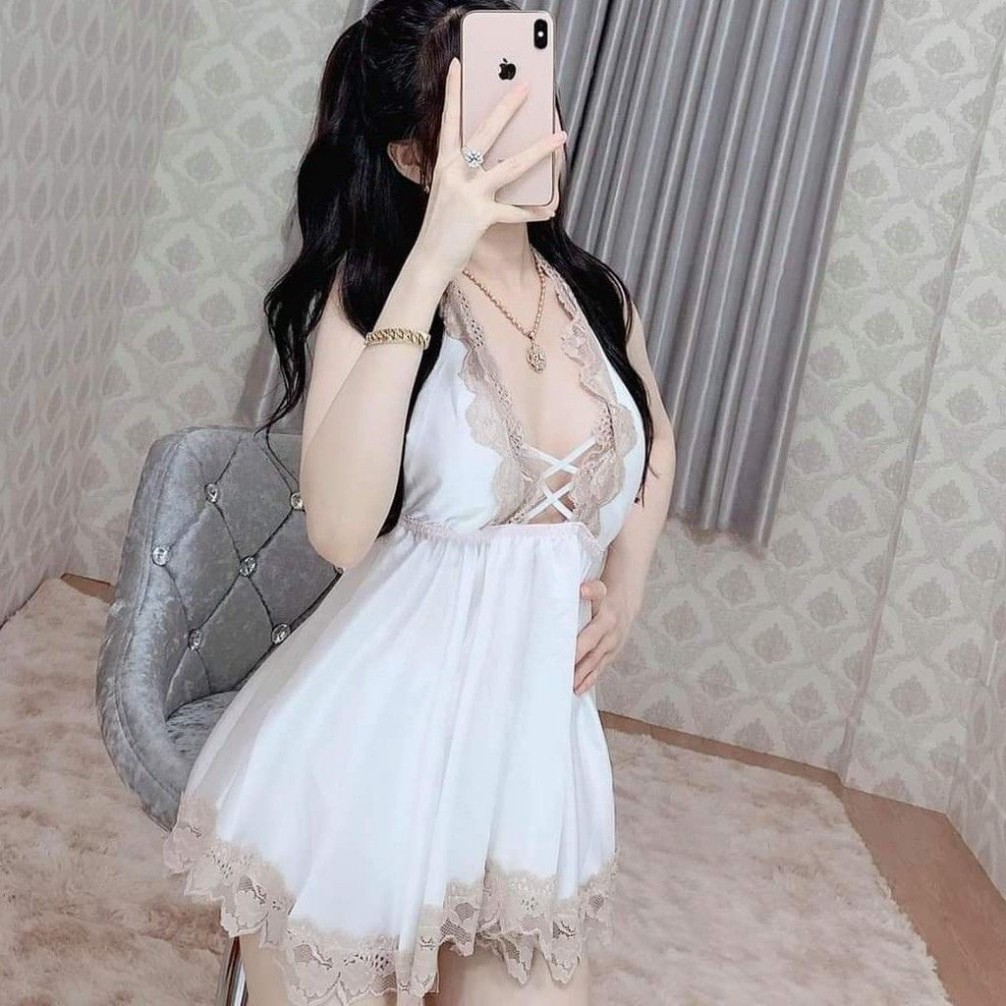 Đầm ngủ sexy ❣️FREE SHIP❣️ Váy ngủ sexy yếm kèm quần vải vatin <65kg