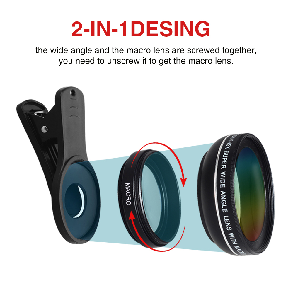 APEXEL 2in1 Lens 0.45X Wide Angle+12.5X Macro Lens Professional HD Phone Camera Lens For iPhone 8 7 6S Plus Xiaomi Samsung LG