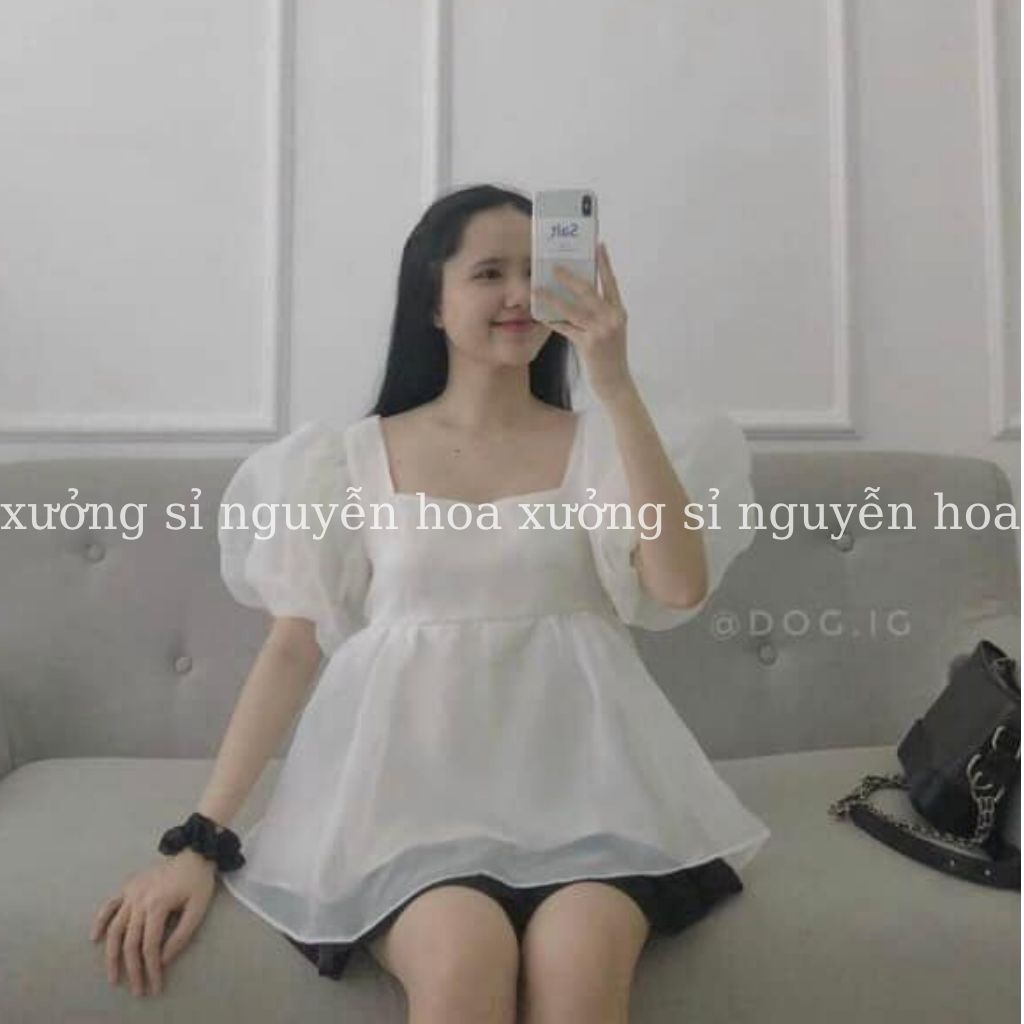 Áo babydoll voan nữ ngắn tay bồng cổ vuông, voan lụa trơn 2 lớp phong cách tiểu thư dễ thương Xưởng Sỉ Nguyễn Hoa