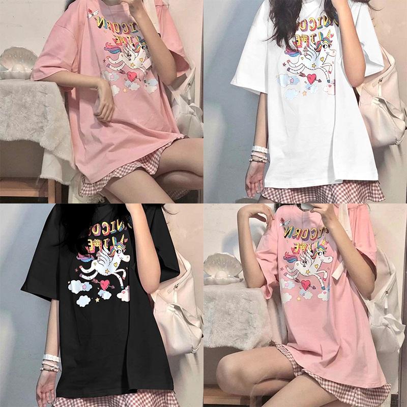 Áo Thun Nữ Ngắn Tay Cổ Tròn In Hình Ngựa Cầu Vồng Đáng Yêu Trẻ Trung