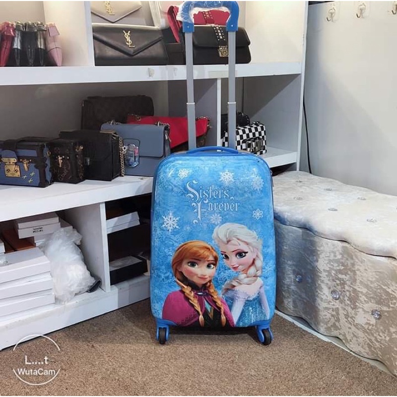 Vali kéo elsa và Anna xanh cùng các bạn, vali trẻ em 4 bánh xe xoay 360 độ, size 18 inch