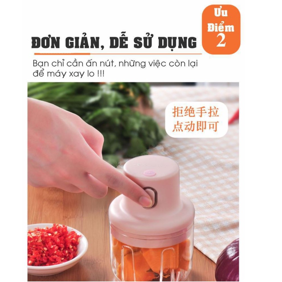 Máy Xay Thịt Cầm Tay Mini Sạc Điện 250ml – Máy Xay Tỏi Ớt, Củ Quả Đa Năng, Có Cổng Sạc Usb