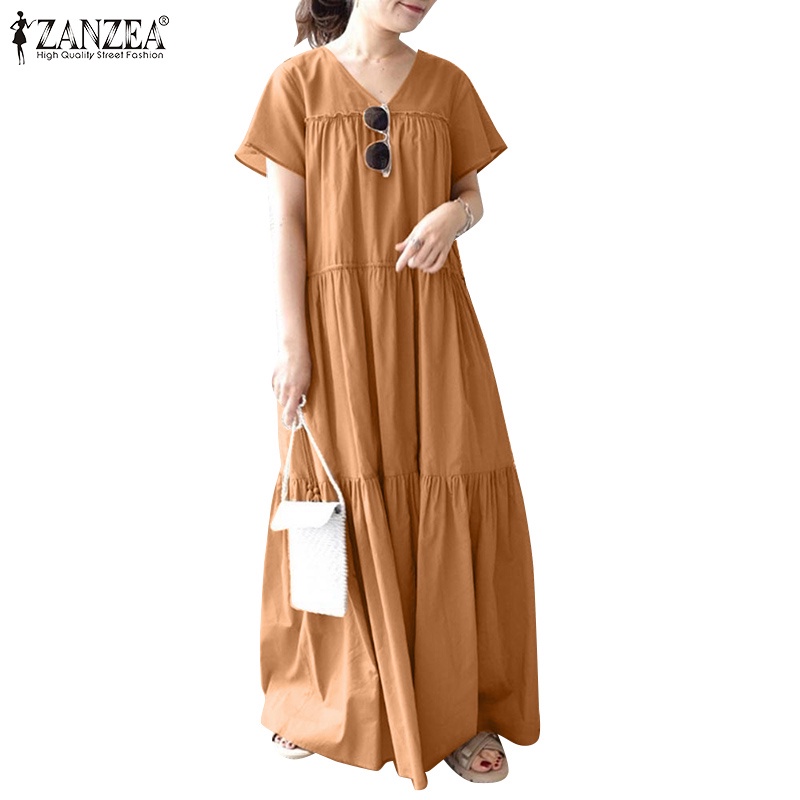 Đầm dài Zanzea cổ chữ v tay ngắn màu trơn thời trang phong cách Hàn Quốc cho nữ