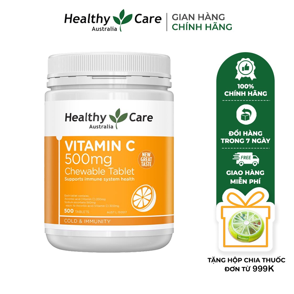 Viên nhai tăng cường đề kháng, hỗ trợ sức khỏe và làm đẹp da Healthy Care Vitamin C 500 viên