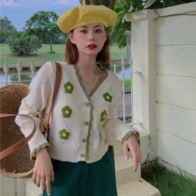 Áo khoác cardigan dệt kim tay dài cổ chữ V phối ren thời trang mùa thu mới cho nữ