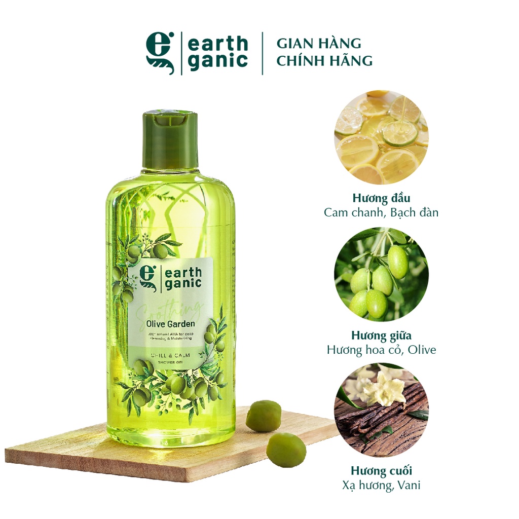 Sữa tắm dưỡng ẩm trắng da Earthganic Hương Olive AHA trắng da thơm lâu, thành phần thiên nhiên