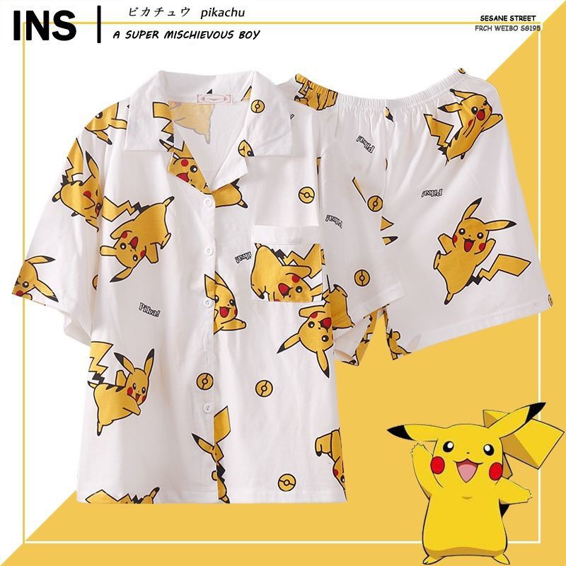 Bộ đồ ngủ nữ kiểu mới Nhật Bản Pikachu dài tay cặp đôi sinh mặc trong nhà có thể bên ngoàiE