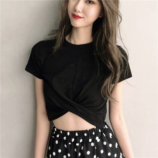 Áo Croptop tay ngắn cổ tròn thiết kế màu trơn thanh lịch