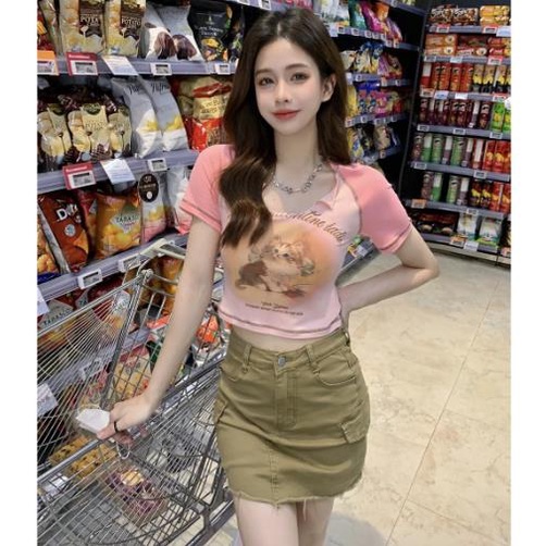 Jiashucheng Áo Thun Ngắn Tay Xẻ Tà Họa Tiết Kẻ Sọc Eo Cao Ôm Dáng Thiết Kế Mới Cho Nữ