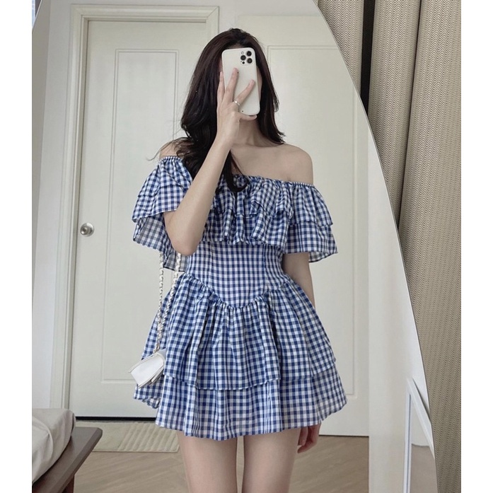 Váy nữ trễ vai bèo kẻ caro xếp tầng tiểu thư ulzzang Hàn Quốc VA05