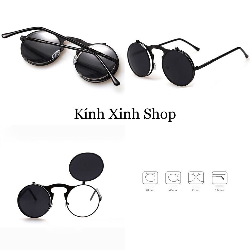 Kính Râm Nam Nữ Mắt Tròn Nhỏ 2 Tròng Lật Lên Gọng Kim Loại Xuống Có Thể Đi Ngày và Đêm