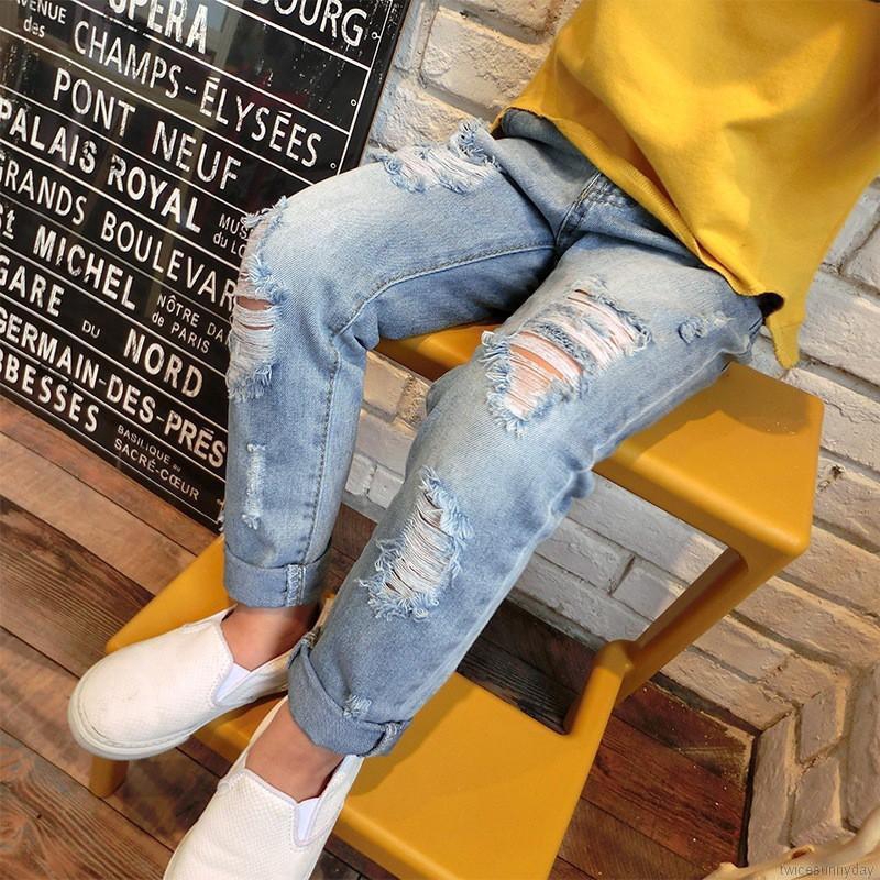 Quần denim dài thiết kế rách gối cá tính thời trang dành cho bé gái