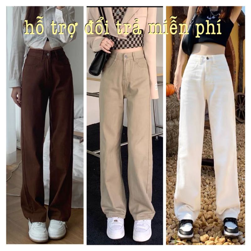 Quần jeans quần kaki ống suông nâu sữa cạp cao siêu hack chân siêu tôn dáng
