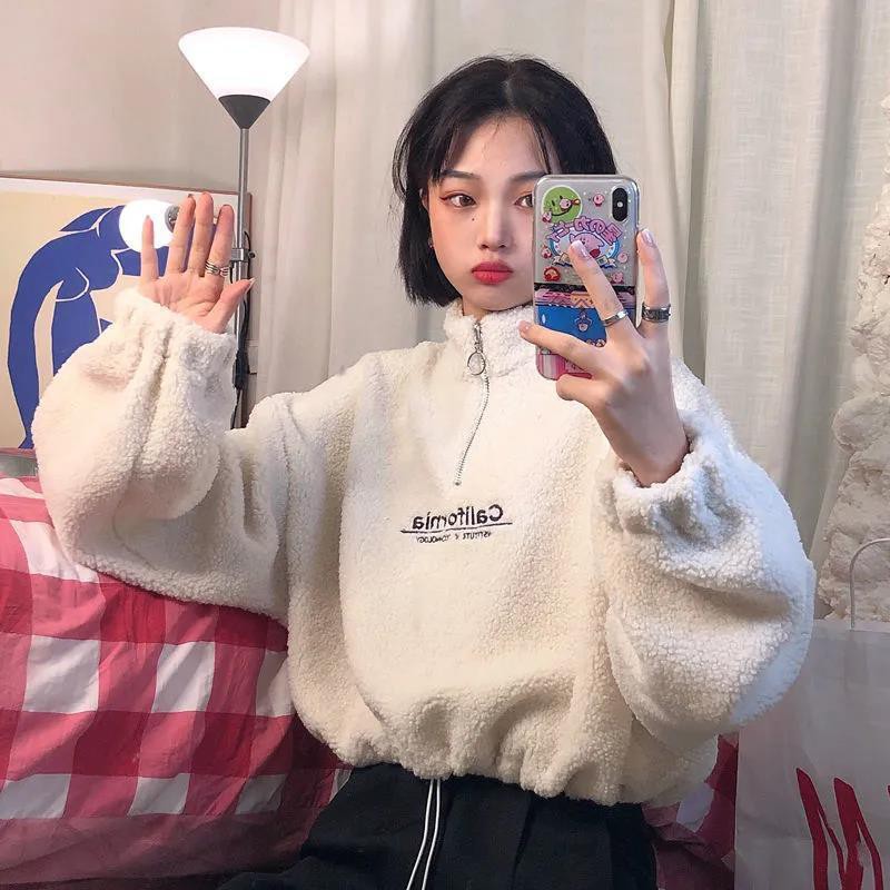 Áo khoác hoodie len lông cừu nỉ bông mềm dày ấm có khóa cổ phong cách Hàn Quốc mẫu mới 2021 | BigBuy360 - bigbuy360.vn