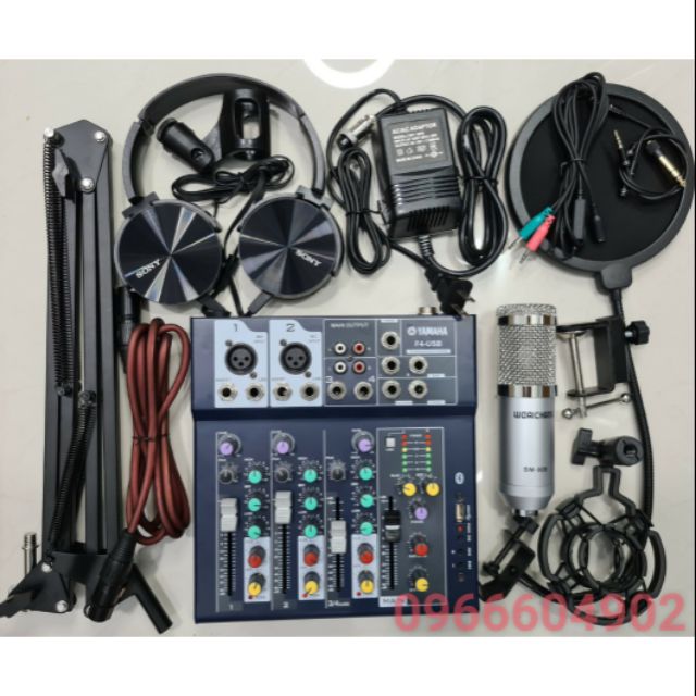 Combo thu âm livestream Mixer F4 bluetooth và bm900 đầy đủ phụ kiện