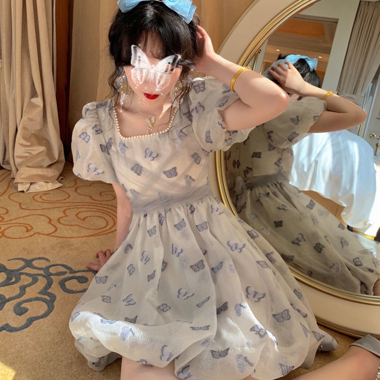 Đầm Công Chúa Tay Phồng Cổ Vuông Phối Lưới Đính Ngọc Trai Và Nơ Thời Trang Mùa Hè Phong Cách Pháp Mới Cho Nữ