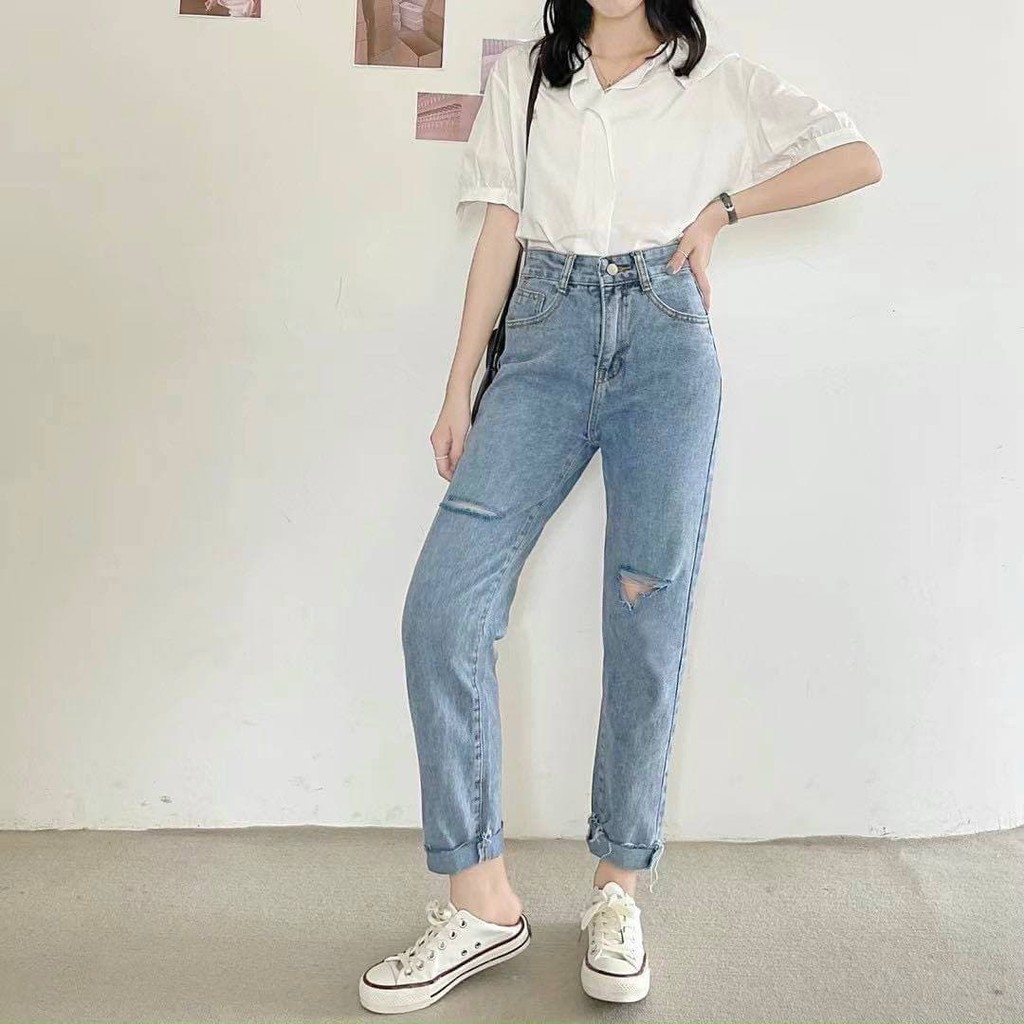 Quần jean baggy nữ ulzzang Kyubi lưng cao cắt lai tua kèm rách gối cá tính - Baggy jean Kyubi BJR52