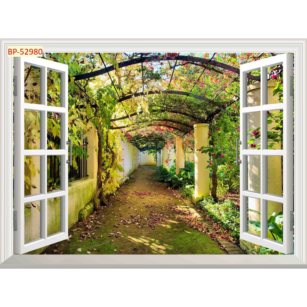 Tranh dán tường 3D khung cửa sổ thiên nhiên trong lành Vải Lụa 3D Cao Cấp