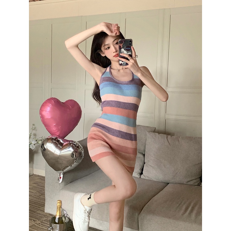 Đầm Cổ Yếm Họa Tiết Kẻ Sọc Thời Trang Mùa Hè Phong Cách Hàn Quốc Cho Nữ