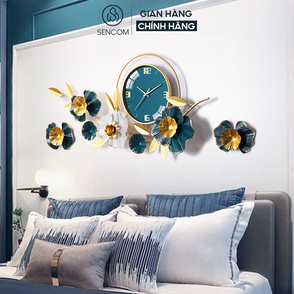 Đồng hồ treo tường nghệ thuật SENCOM hoa xanh phong cách Bắc Âu decor trang trí nhà cửa mã 2106X