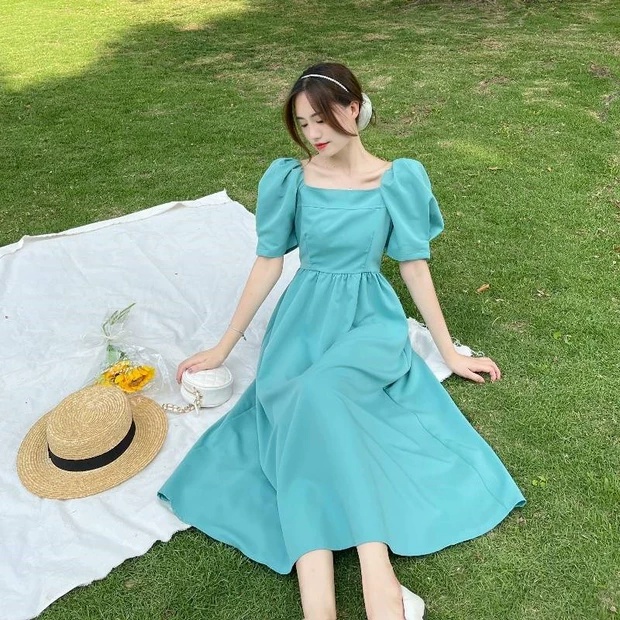 Váy nữ cổ vuông thiết kế tay phồng dáng dài, Đầm thời trang công sở cao cấp dự tiệc sang trọng V109 | BigBuy360 - bigbuy360.vn