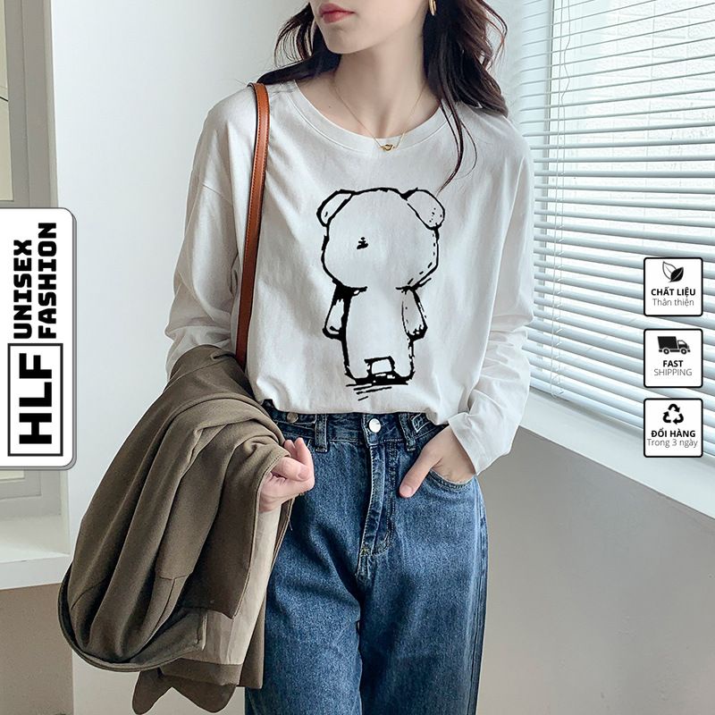 Áo thun dài tay form xuông rộng gấu TEDDY, áo thu đông nữ HLFashion