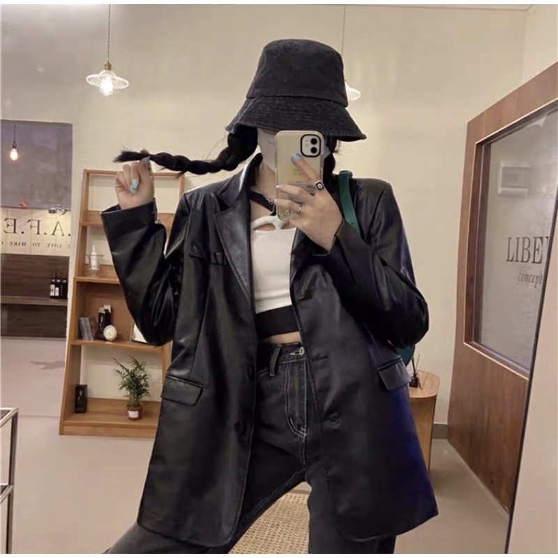 Áo Blazer da, áo khoác da unisex sang trọng phong cách cá tính
