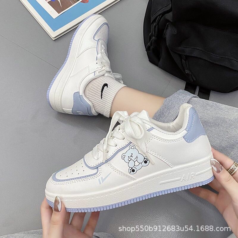 (video thật) giày nữ da mềm sneaker dây hoa in hình gấu cute