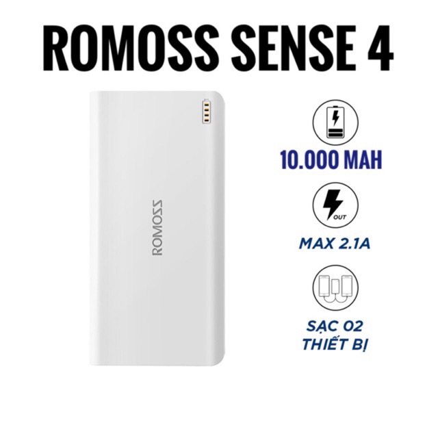 Pin Sạc Dự Phòng Romoss Sense 4 Chính Hãng Dung Lượng 10.000mAh (2 Đầu Cổng Sạc, Màu Trắng)