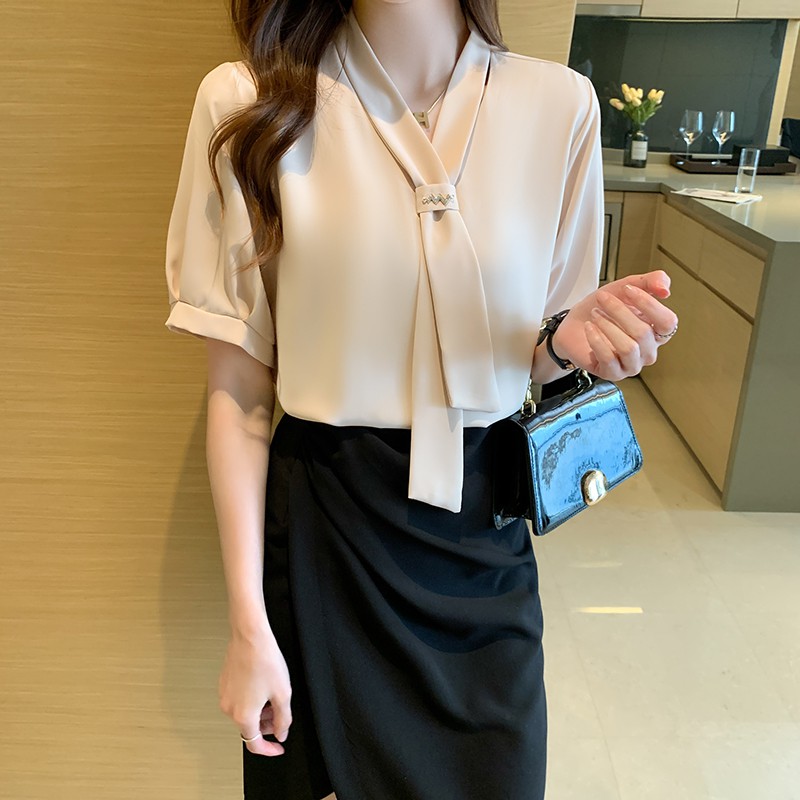 Áo sơ mi vải voan tay ngắn màu trơn thời trang mùa hè phong cách Hàn Quốc dành cho nữ