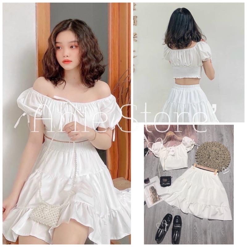 Bộ Áo Croptop Nữ Cổ Vuông Chân Váy Xòe Trắng 🦋 Set Áo Nữ Cộc Tay Kèm Chân Váy Ngắn