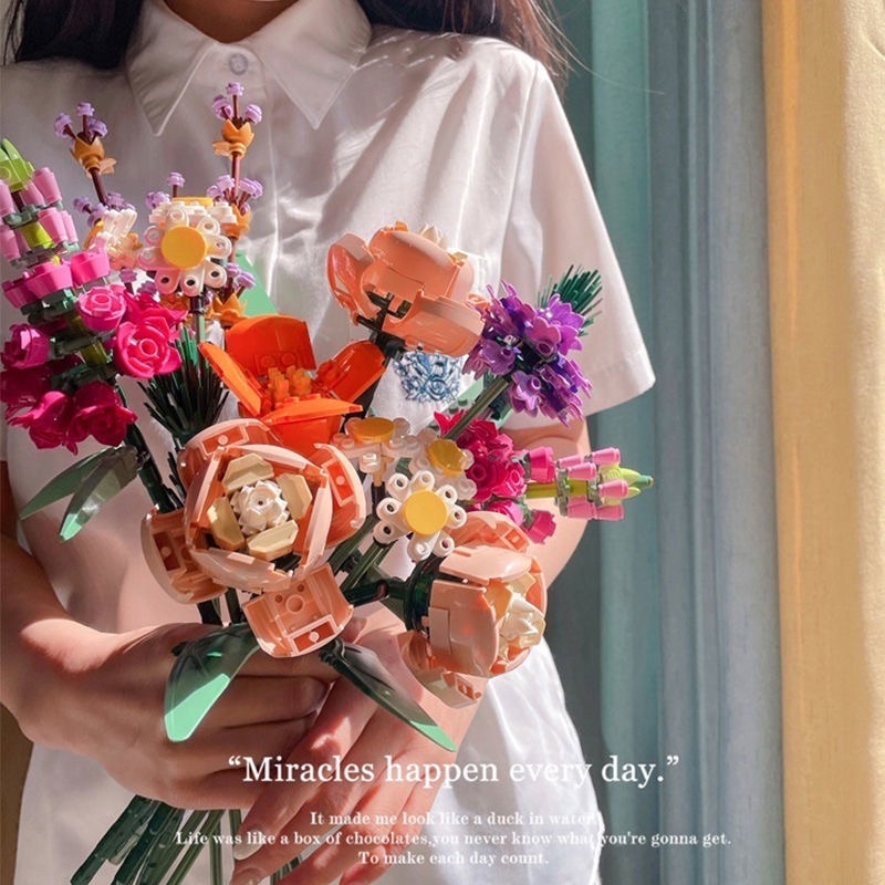 ĐỒ CHƠI- HOA DECOR TRANG TRÍ- BỘ XẾP HÌNH LẮP RÁP BÓ HOA NHIỀU MÀU